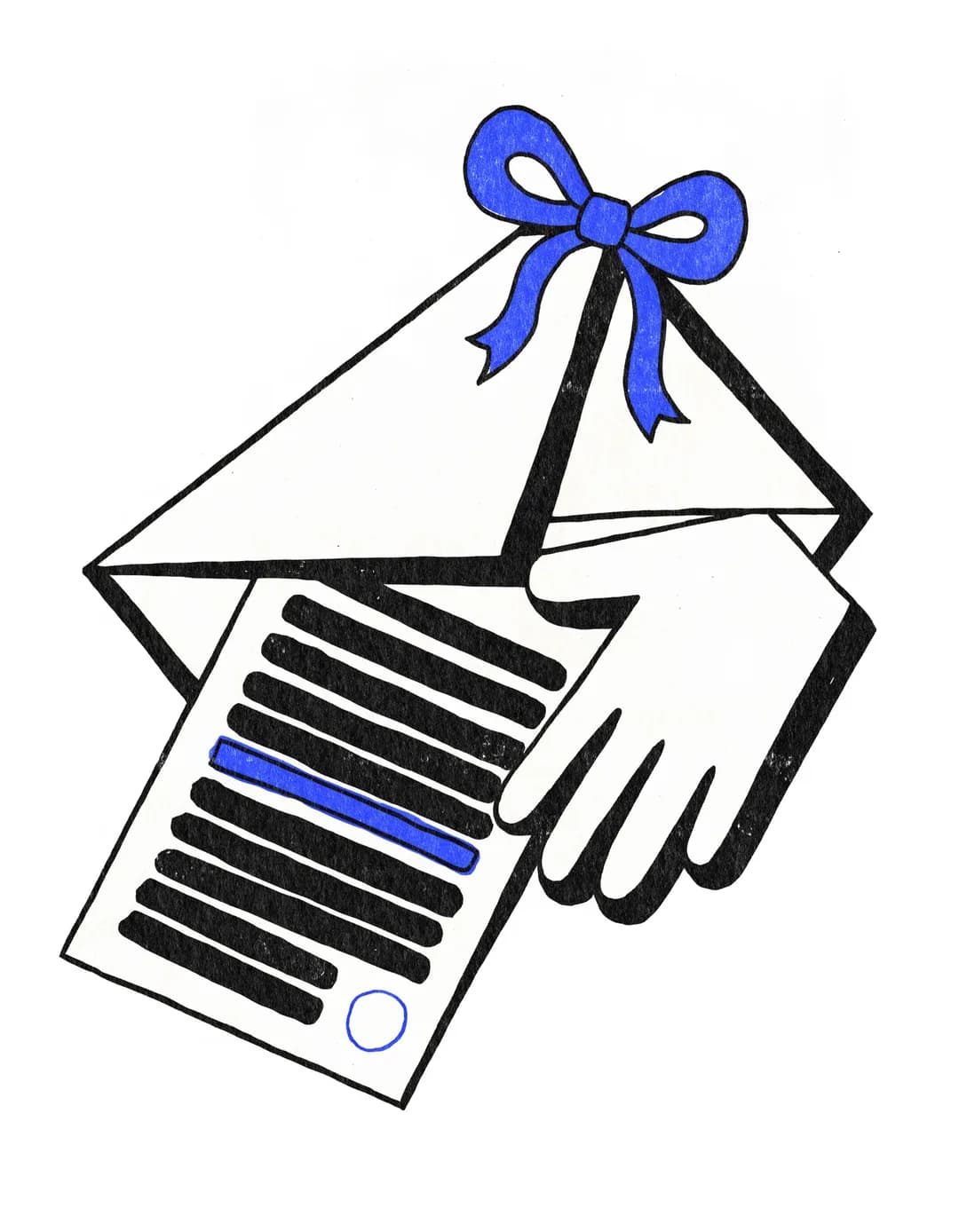 An envelope with a ribbon, holding a report that's almost entirely crossed out except one line